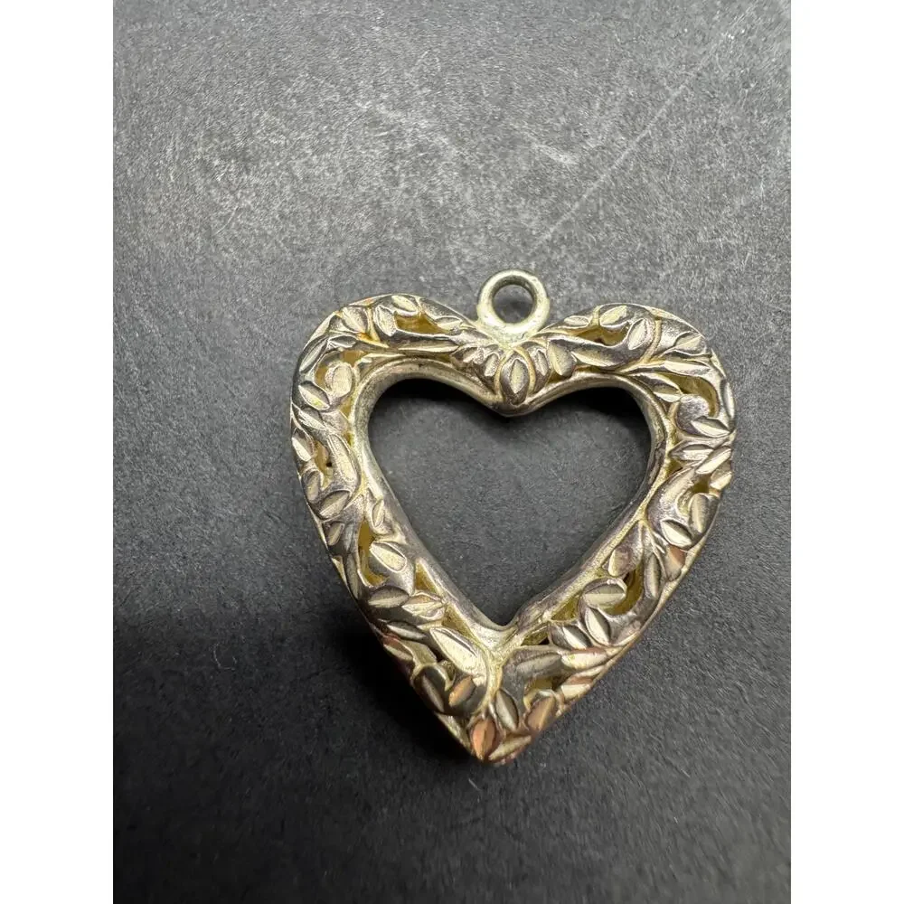 Vintage Silver Tone Floral Engraving Design Open Heart Pendant 0.81